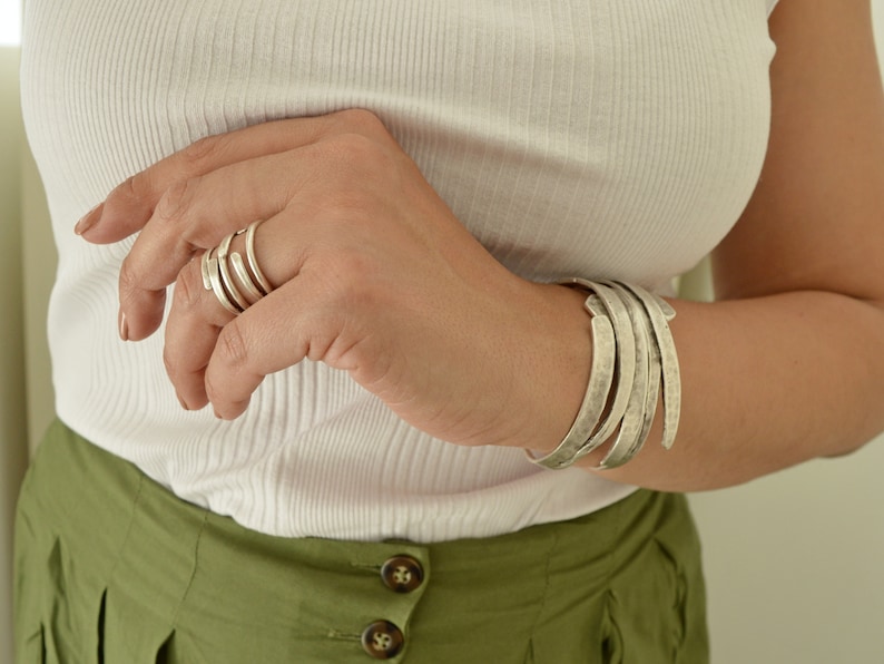 Antique Silver HAMMERED 4 Lines cuff bracelet, Arm Candy Party, Boho Modern Minimalist Abstract Cuff Bangle Bracelet Jewellery, Gift for her image 3