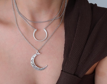 Silver Celestial Pendants Necklace Set: Moon Charm, Geometric Minimalist Layered Handmade Cultural Tribal Jewelry, unique gift for her