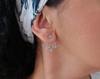 Silver LOTUS FLOWER Ear Jacket Earrings, Floral pushback earrings, Indian inspired yoga jewelry, affordable, Hen party favour, bridesmaids