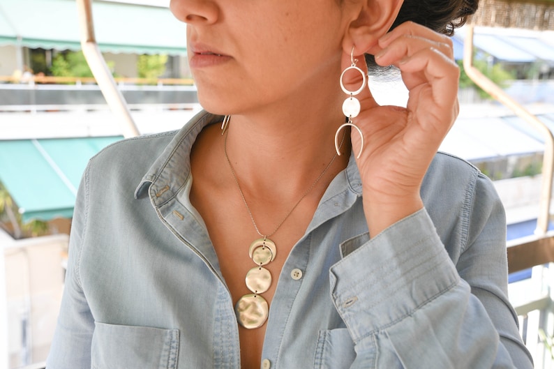 Silver Hammered Coin Charm Earrings, Silver Geometric Earrings, Silver Coin Earrings, Silver Dangle Drop Earrings, Boho Silver Coin Earrings image 3