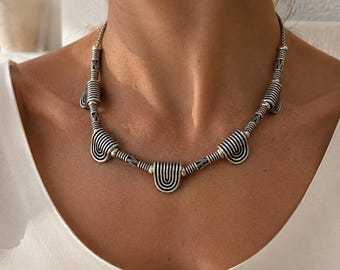 Spiral Tube Beaded Choker Necklace: Ethnic Silver Beaded Necklace, Hellenic Jewelry