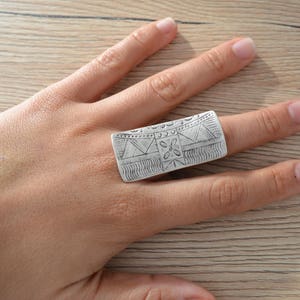 African Tuareg Shield ring, Long Rectangular engraved ring, Bohemian Ethnic Tribal Rings, Free people style rings, Silver Tuareg Jewellery image 3