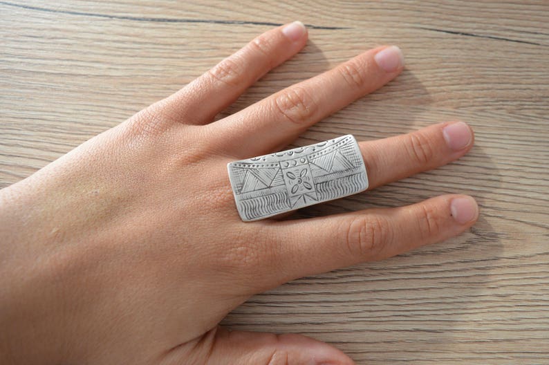 African Tuareg Shield ring, Long Rectangular engraved ring, Bohemian Ethnic Tribal Rings, Free people style rings, Silver Tuareg Jewellery image 3