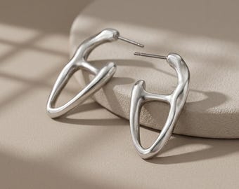 Organic Silver Sculptural Hoop Earrings: Modern Minimalist Statement Earrings, Titanium Post Earrings, Gift for Her