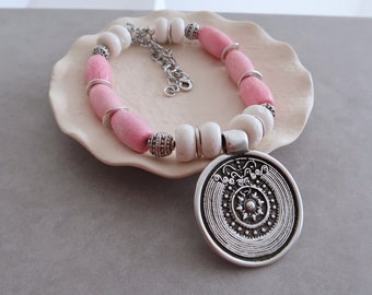 Light Pink Tube and White Round Coral Bamboo Beads Large Medallion Pendant Necklace, African Moroccan Style Bohemian Ethnic Tribal Berber