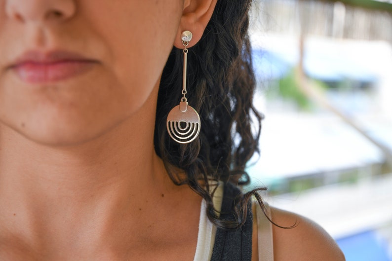 Silver Geometric BAR CIRCLE Drop earrings, Silver dangling geometric circle earrings, silver moon earrings, long silver modern earrings image 4