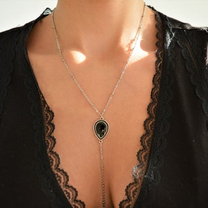 Bohemian Lariat Y Shaped Black Onyx Enamel Necklace, Antique silver chain necklace,Anniversaries Contemporary Delicate Jewelry, Gift for her