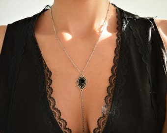 Collana Boho Lariat a forma di Y in smalto nero onice, collana a catena in argento antico, anniversari gioielli delicati contemporanei, regalo per lei