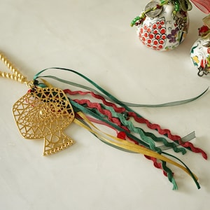 Boho Gold Pomegranate Wall Hanging: Burgundy Green Good Luck Charm