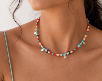 Colorful Coral & Turquoise Beaded Choker Necklace: Layering Summer Beach Jewelry, Handmade Boho Summer Shell Choker, Gift for Her