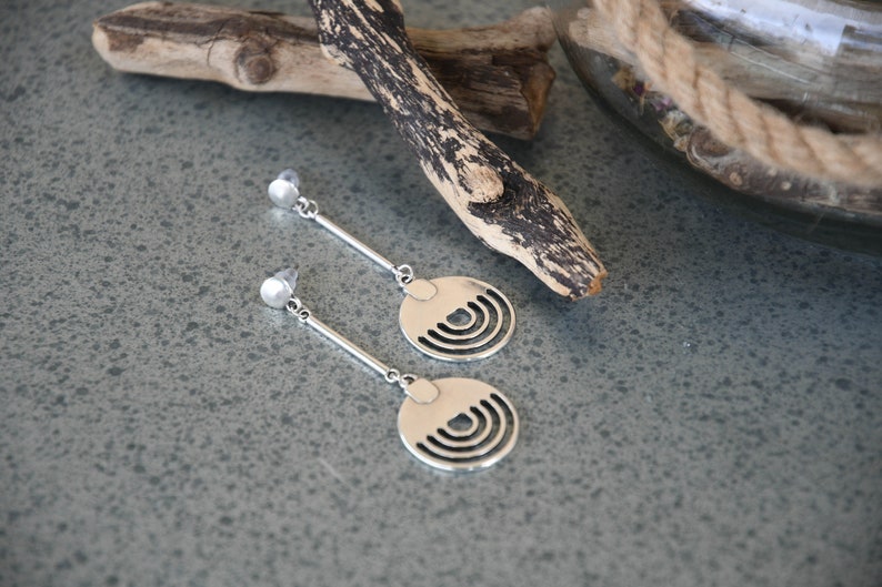 Silver Geometric BAR CIRCLE Drop earrings, Silver dangling geometric circle earrings, silver moon earrings, long silver modern earrings image 2