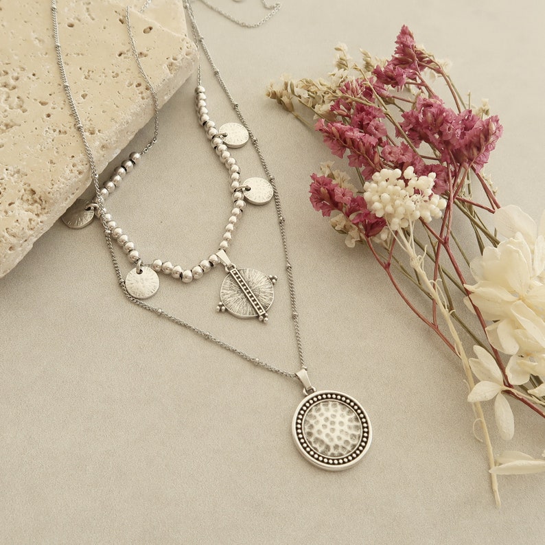 2er Set antike silber GEOMETRIC & COIN Halsketten, Stapel Charms, Boho Modern Minimal Schmuck, Geschenk für Sie Bild 7