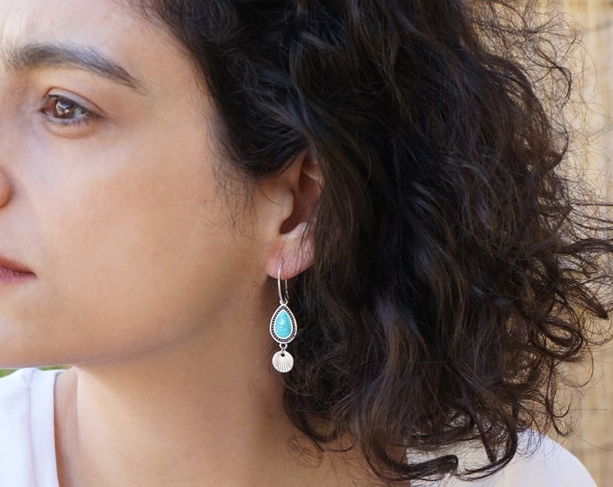 Antique Silver Dangle Drop Earrings with Turquoise Enamel teardrop charms, bohemian unique dangling minimalist modern light weight earrings