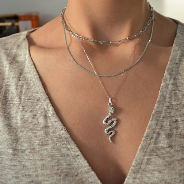 SET of 2 Silver Engraved Snake Necklace & Flat Stainless Steel Chain Choker, Animal layered stacking charms boho dainty hippie, eco jewelry