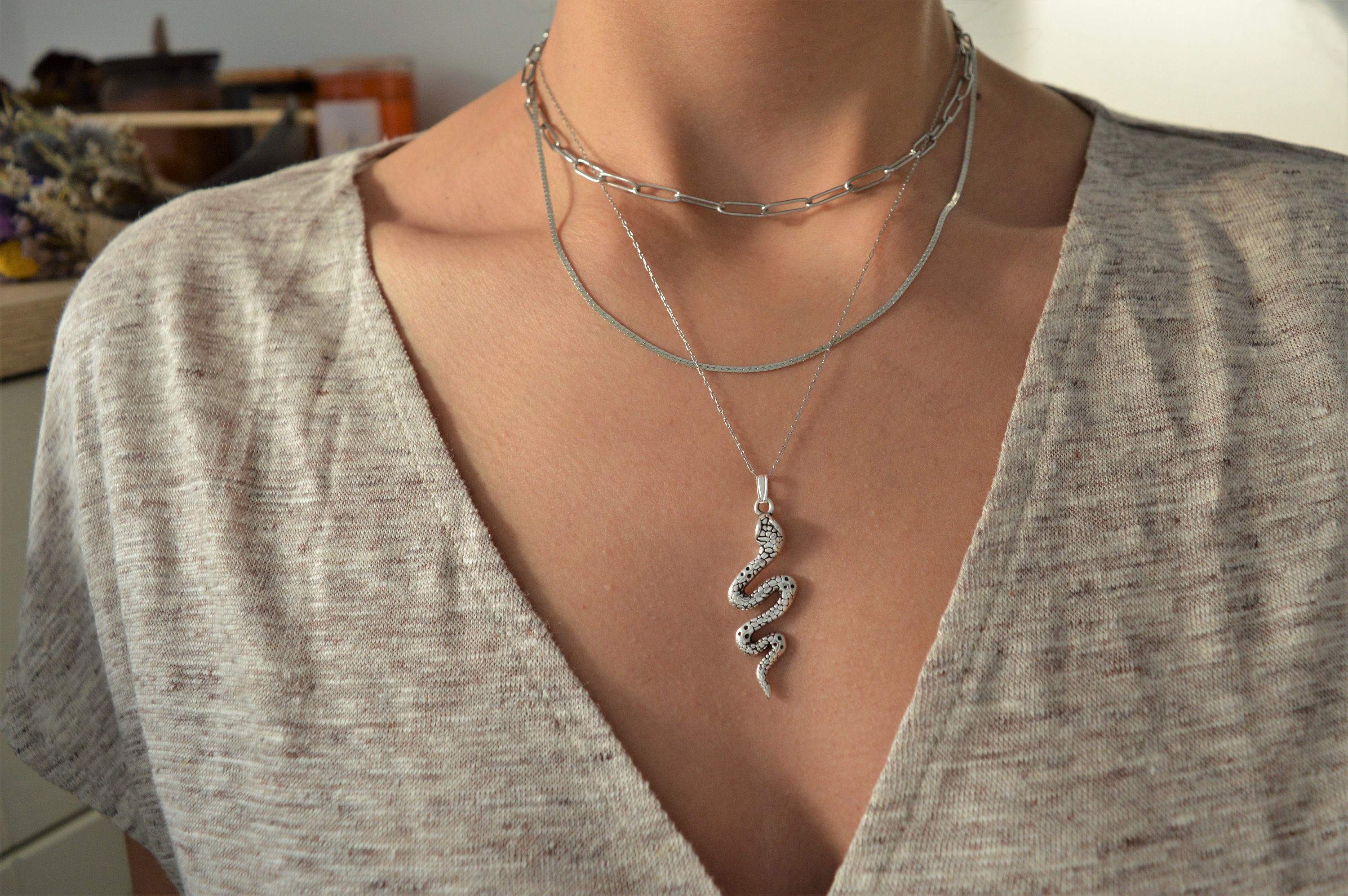 SET of 2 Silver Engraved Snake Necklace 
