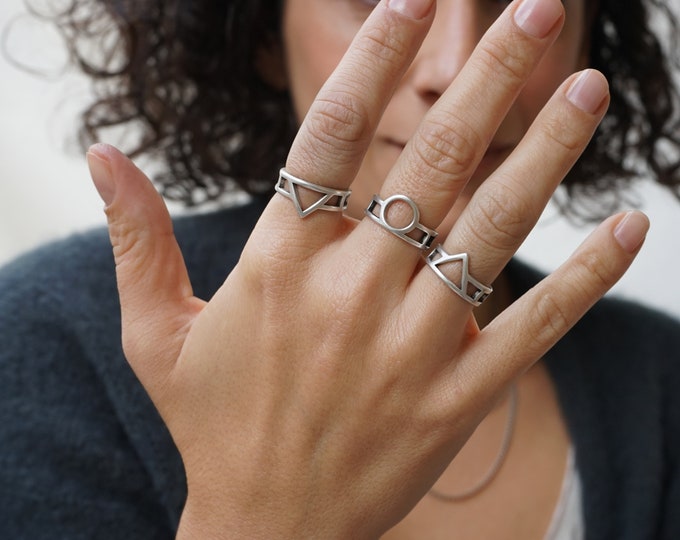 Antique Silver Geometric Circle/Triangle Wireframe Ring, Silver Plated Dainty Stackable Adjustable Ring, Gift for Her festival fashion retro