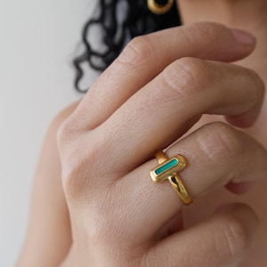 Gold Rectangle Enamel Ring: Bohemian Minimalist Style Organic Shape Jewelry, Unique Modern Everyday Gift, Adjustable Size