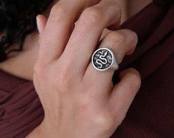 Silver Snake Signet Ring: Animal Ring, Boho Symbolic Handmade Rock Style Jewelry Serpent Spiritual Power Ring Gift, Adjustable US Size 6-7.5