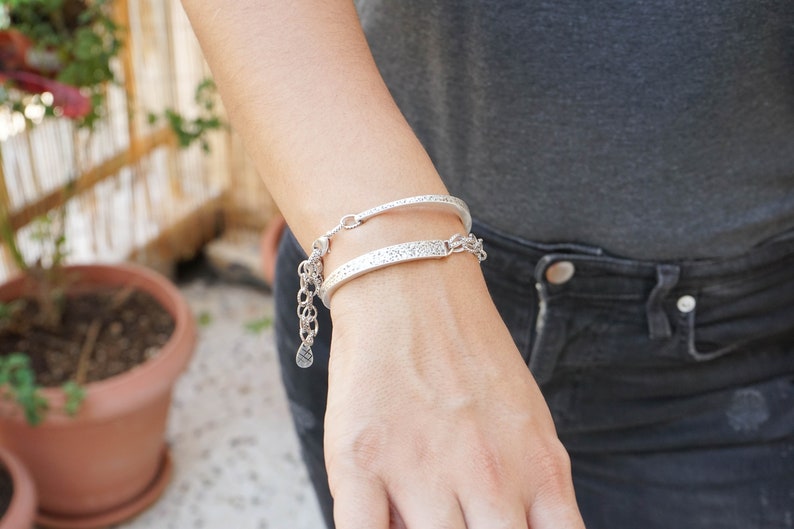 Silver Antique Hammered Half Cuff Chunky Cable Chain Bracelet, Stacking Bohemian Delicate Chunky Chain Cuff Bangle, Boho Layering bracelet image 1