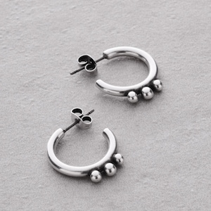 Silver Open Hoop Earrings with 3 Balls: Minimalist Stacking Huggies, Unique Affordable Jewelry Designs You’ll Love, Best Jewelry Deals Today