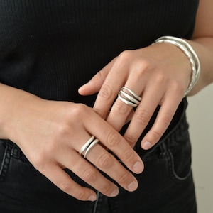 Hammered Silver Two or Three Parallel Lines Ring: Modernist Band Organic Shape Jewelry, Artisan Handmade Ring, Unique Minimalist Gift