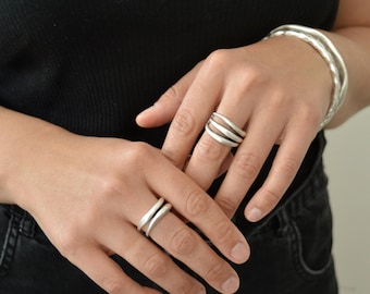 Hammered Silver Two or Three Parallel Lines Ring: Modernist Band Organic Shape Jewelry, Artisan Handmade Ring, Unique Minimalist Gift