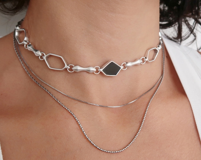 Antique Silver Black enamel free form connectors chain choker, Thick Trace Chain Necklace, Boho Modern Punk Rock Style jewelry, Gift for her