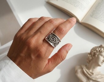 Silver Spiral Statement Ring: Ethnic Ancient Greek Symbol Ring, Boho Festival Statement Jewelry Gift, Adjustable US Size 7-8