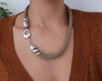 Tan Recycled Polyester Climbing Rope Necklace with a silver free form connector & wrap end caps, Chunky fabric textile lightweight jewellery