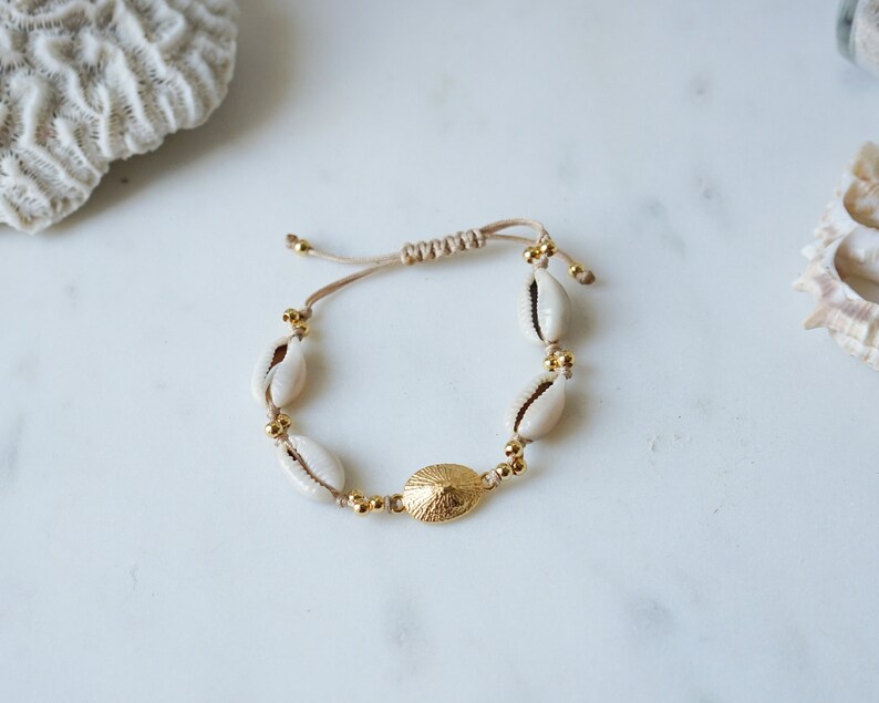 Gold Limpet Shell with Natural cowrie shells bracelet, Bohemian boho Adjustable macrame bracelet, Beach Tropical Summer Delicate Dainty Gift image 8