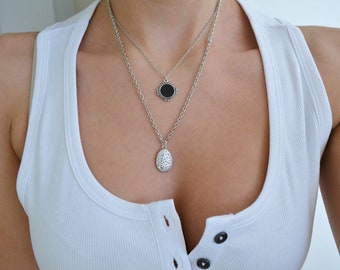 Silver Layered Necklace Set: Black Enamel Coin & Floral Pendant, Ethnic Statement Necklace, Tribal Festival Jewelry, Unique Gift for Her