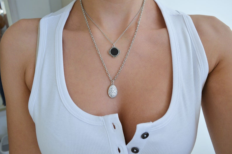 SET of TWO silver Black enamel geometric coin necklaces, layered stacking round charms boho bohemian dainty hippie jewelry, gift for her image 1
