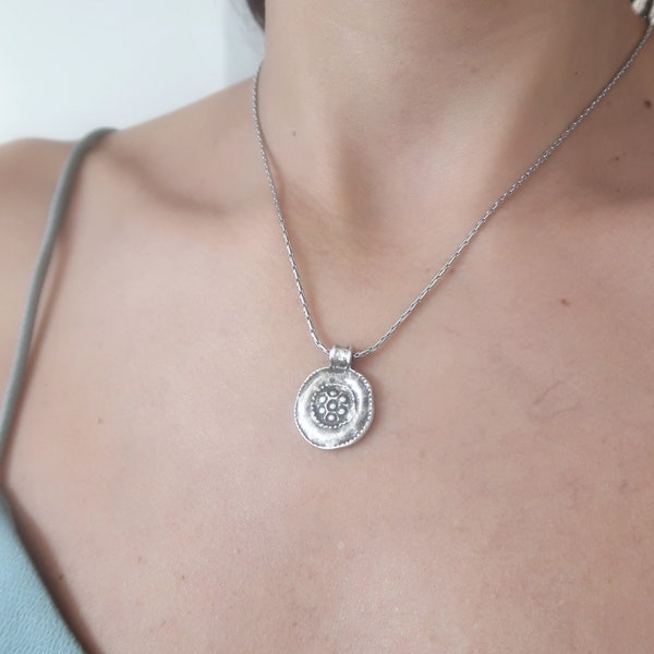 Antique Silver Ancient Greek Byzantine inspired medallion coin pendant necklace, Delicate layered stacking dainty jewellery, Gift for her