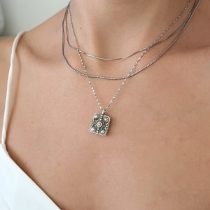 Antique Silver SQUARE with floral grains charm necklace, mix n' match necklace, layered geometric bohemian dainty delicate ethnic jewelry