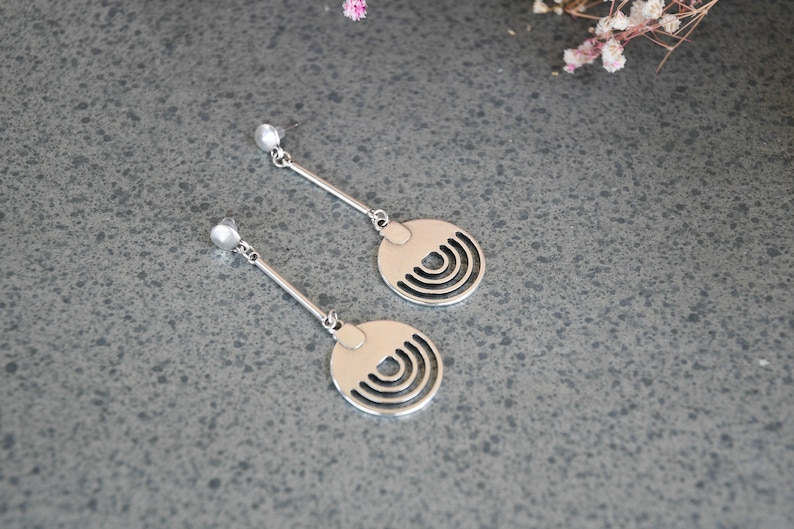 Silver Geometric BAR CIRCLE Drop earrings, Silver dangling geometric circle earrings, silver moon earrings, long silver modern earrings image 1