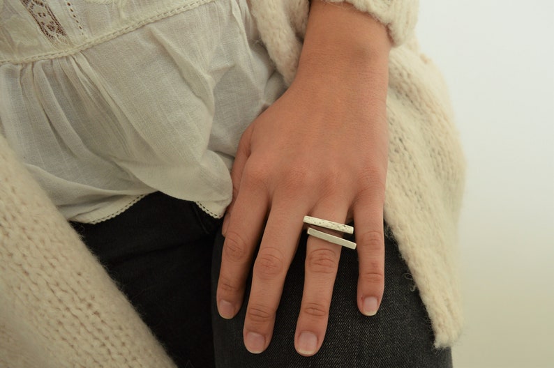 Antique Silver Two PARALLEL lines Ring, Unique Hammered abstract ring, Bohemian Silver Modernist Ring, Silver Band Jewelry,US Size 6.5-8inch image 3