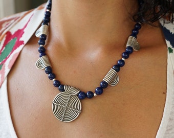 Ancient Greek Meander Symbol & Lapis Lazuli Beaded Necklace, Greek Jewelry, Tribal Ethnic Gemstone Jewelry Necklace, Handmade Jewelry