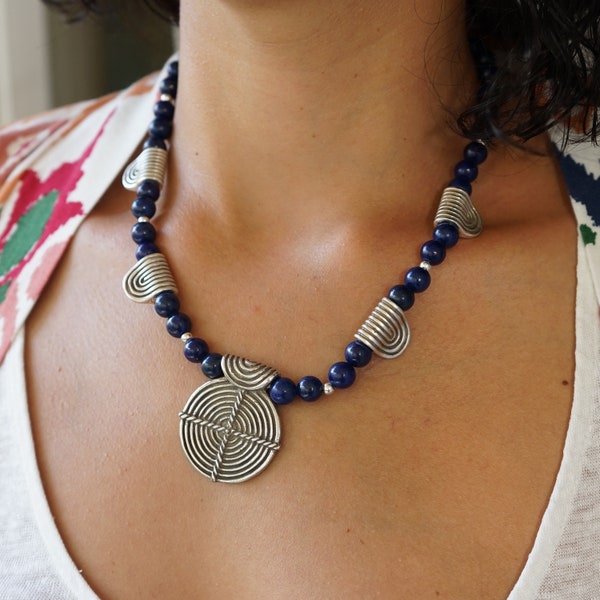 Ancient Greek Meander Symbol & Lapis Lazuli Beaded Necklace, Greek Jewelry, Tribal Ethnic Gemstone Jewelry Necklace, Handmade Jewelry