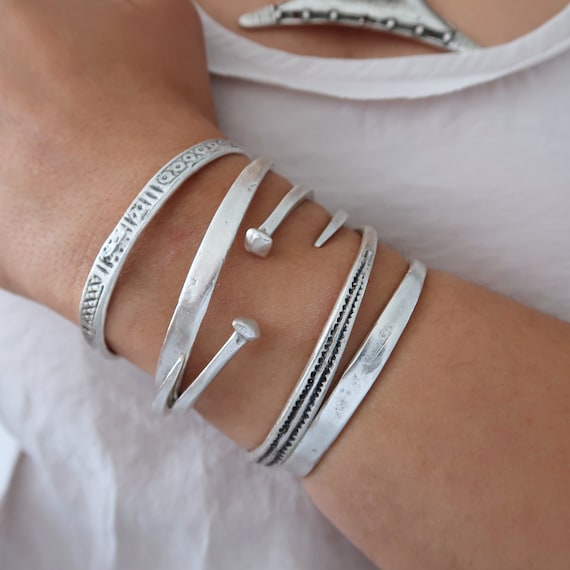 Antique Silver Engraved Dots Cuff Bracelet: Bohemian Stacking 