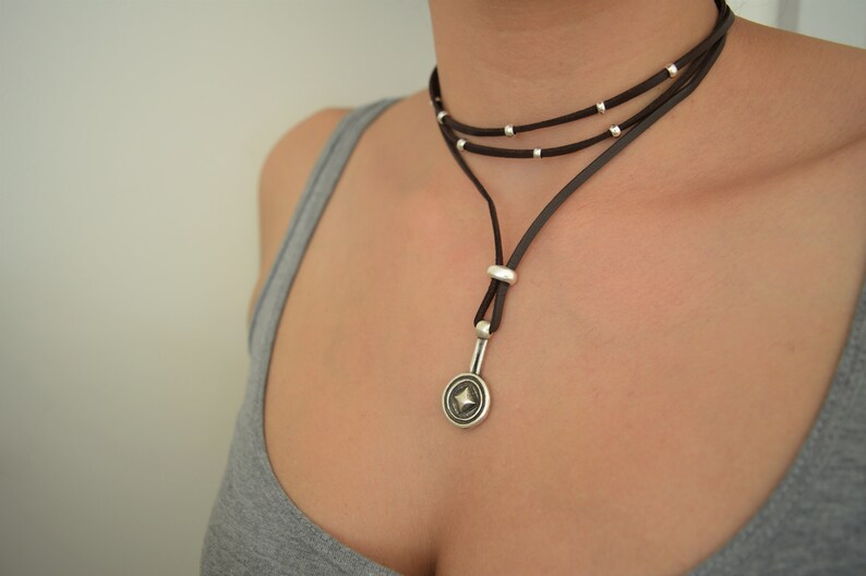 Black/Brown Leather Suede Wrap Choker Necklace, Leather Coin Pendant Necklace, Leather Wrap Choker, Wrap Necklace, Bohemian Silver Jewelry 3. Dark Brown