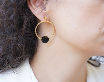 Gold Coloured Enamel Dainty CIRCLE Stud Earrings, Long Dangling Black/Red/Ivory Round Pushback Earrings, Minimalist Dainty Boho earrings