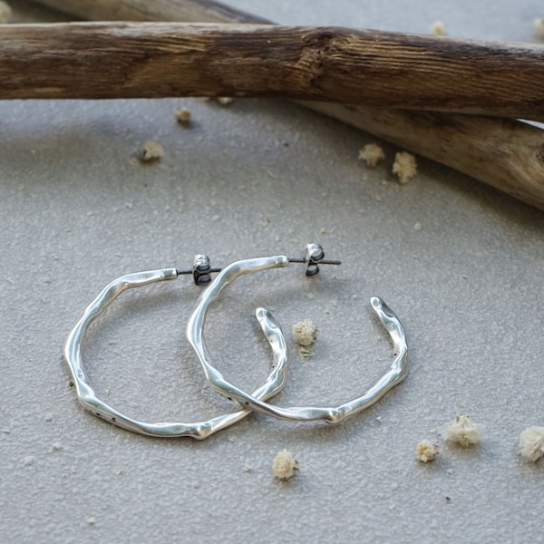 Antique Silver Thick Hammered Hoop Earrings, Large Hoops, Minimalist Dainty Geometric Trend Minimal Bohemian hoop earrings, gift for her