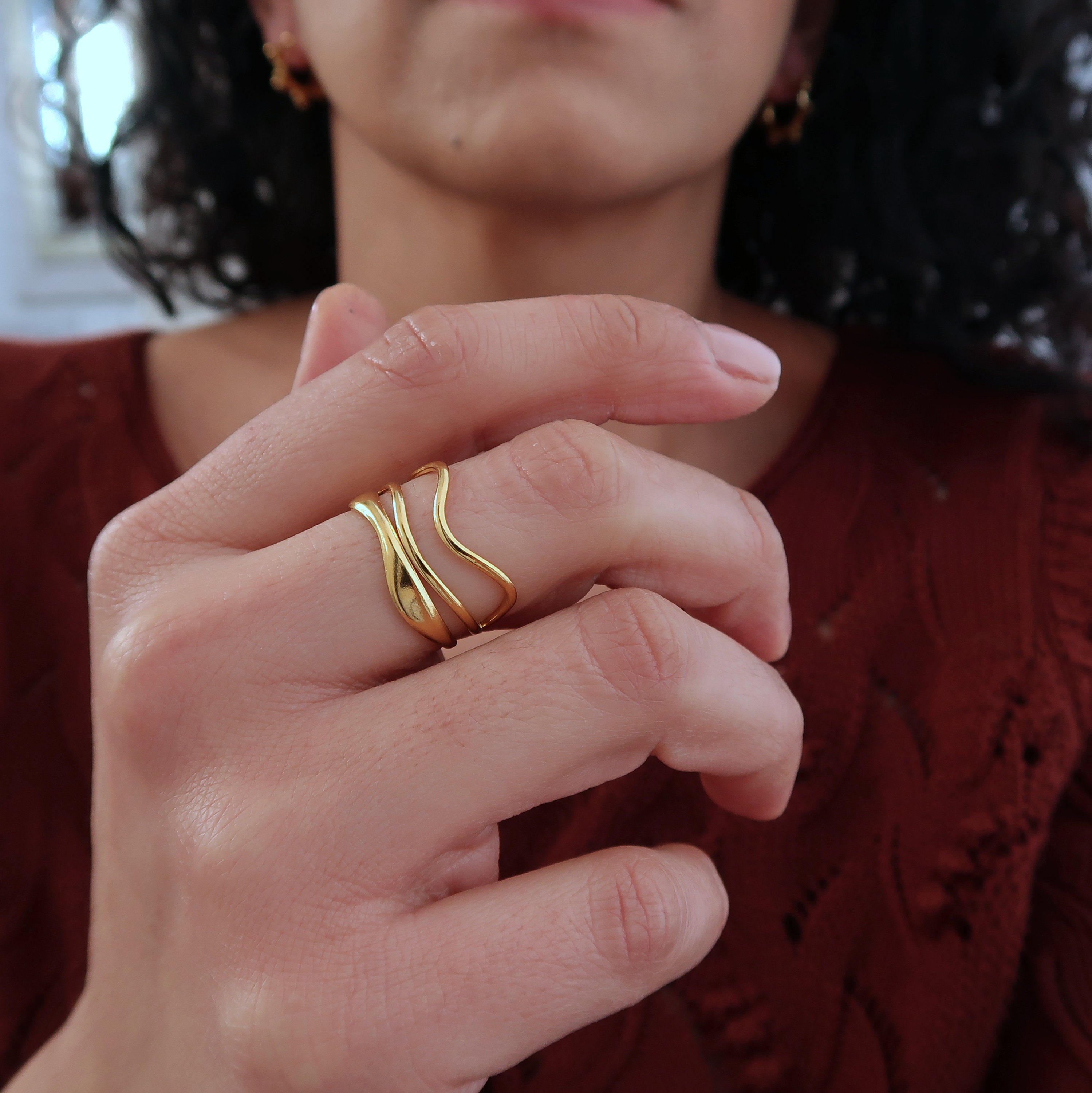 Gold Stainless Steel THREE WAVY Lines Ring, Minimalist
