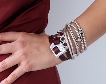 Maroon/Black Leather SQUARE SHAPED Wrap Bracelet wt geometric sliders Twice Wrap adjustable 6.5-8.5 wrist size Rock Valentine's Gift for her