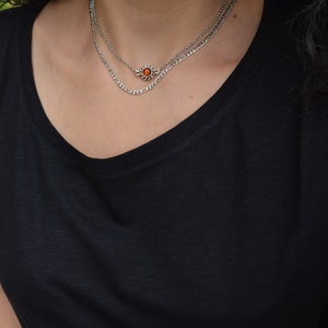 Amber gemstone choker & stainless steel figaro chain, sun charm coin necklace, layered stacking bohemian dainty hippie jewelry, gift for her image 6