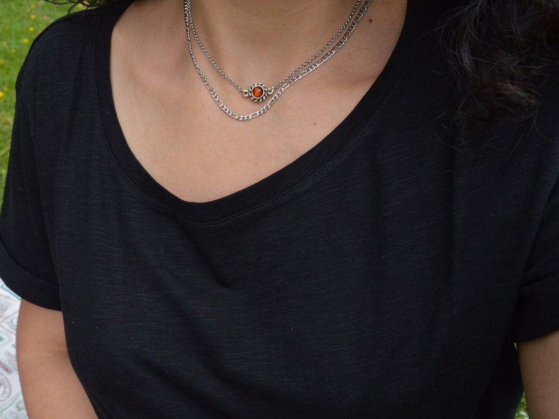 Amber gemstone choker & stainless steel figaro chain, sun charm coin necklace, layered stacking bohemian dainty hippie jewelry, gift for her image 6