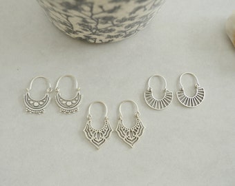 Pendientes de aro geométricos de semicírculo hueco de plata antigua, delicados pendientes colgantes étnicos tribales gitanos bohemios, regalo de joyería para ella
