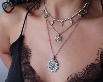 Silver Celestial Layered Necklace Set: Sun Pendant, Bohemian Modern Spiritual Jewelry, Ethnic Festival Deigns, Unique Gift for Her