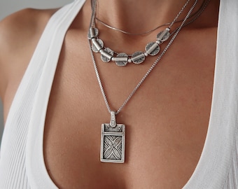 Set of two antique silver GEOMETRIC & FLORAL necklaces, layered stacking charms, boho bohemian dainty hippie minimal jewelry, gift for her