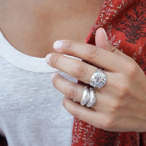 Bohemian Antique Silver FLORAL DOME ring, Sade Bold Organic Shape adjustable ring, Dainty Big Stacking Minimal Layered silver plated ring image 5